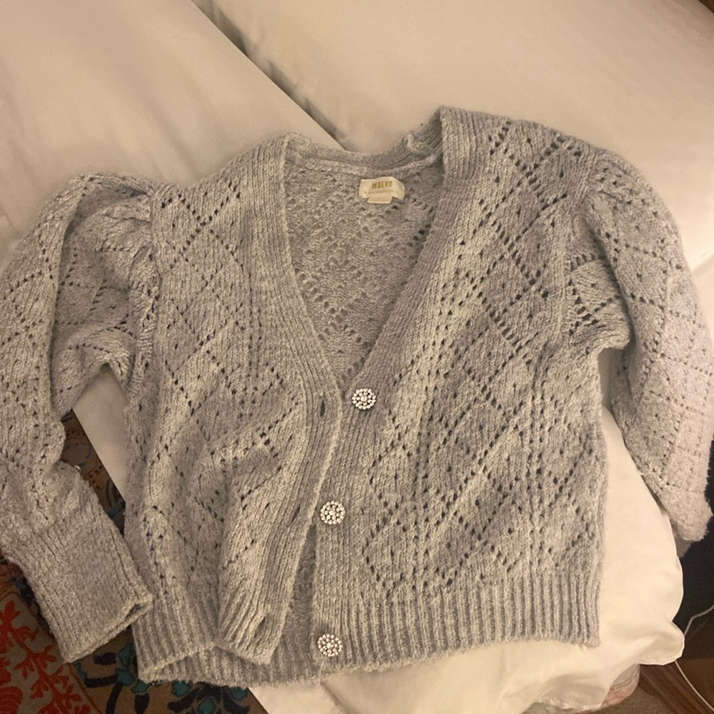 Anthropologie Light Gray Knit Eyelet Cardigan